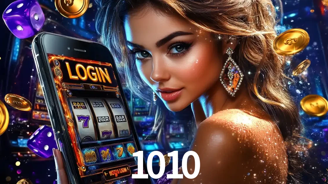 Mulher glamorosa segurando um smartphone com a tela de login para os jogos de caça-níqueis do cassino online 1010, com moedas de ouro e dados ao redor.